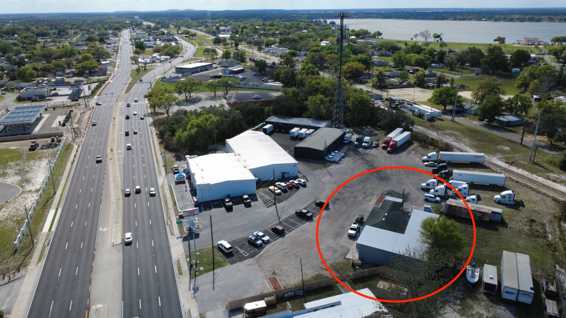 Aerial view of Walkers Fleet Service repair shop in Eagle Lake, Florida